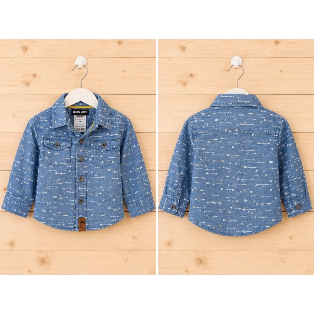 Boys Rock 12M Blue Arrow Print Button-Up Shirt Cotton Long Sleeve Pre-Love [i]